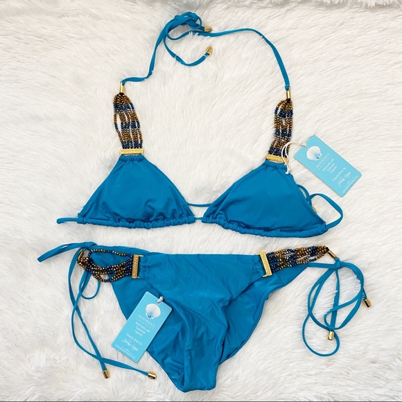 NWT Notorious Swimwear Blue Swarovski Crystals Triangle Bikini Set Womens Size M - Picture 2 of 13